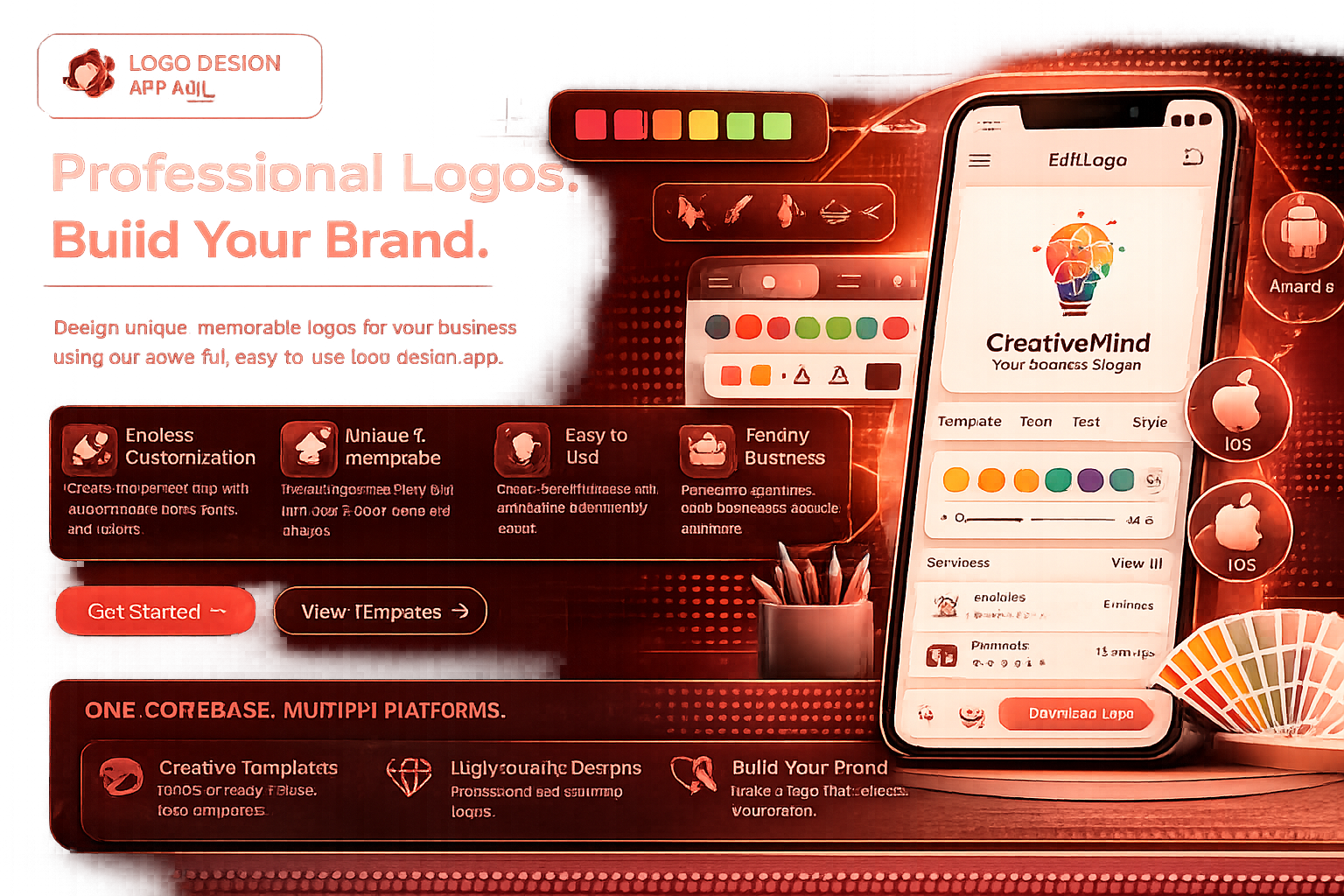 Mobile app interface displayed across iOS and Android phones